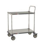 The Metro CRLS222NFS cart, measuring 18 W x 30 L x 39 H, boasts two stainless steel shelves, four swiveling casters, and a handlebar for easy maneuverability.