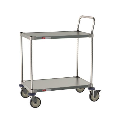 The Metro CRLS222NFS cart, measuring 18 W x 30 L x 39 H, boasts two stainless steel shelves, four swiveling casters, and a handlebar for easy maneuverability.