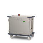 The Metro CaseVue CV36LS-NBFH-W1 Surgical Case Cart is a mobile cabinet featuring solid doors, swing-up handles, corner protectors, colored indicators on top, and a green label in front. It measures 45.5W x 28D x 40.625H and includes dark handles for easy transport.