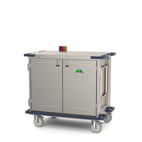 The Metro CaseVue CV36LS-NBFH-W1 Surgical Case Cart is a mobile cabinet featuring solid doors, swing-up handles, corner protectors, colored indicators on top, and a green label in front. It measures 45.5W x 28D x 40.625H and includes dark handles for easy transport.