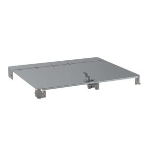 The Metro FL100 Flexline Lockable Drawer Cover is a metallic platform with adjustable side brackets and multiple screw holes for versatile mounting, featuring a central lock mechanism. Its simple, industrial design makes it ideal for supporting equipment or machinery.