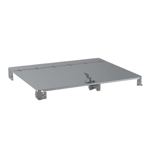 The Metro FL100 Flexline Lockable Drawer Cover is a metallic platform with adjustable side brackets and multiple screw holes for versatile mounting, featuring a central lock mechanism. Its simple, industrial design makes it ideal for supporting equipment or machinery.