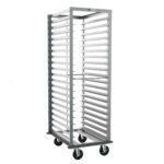 The Metro RD3NA33A120 End-Load Pan Rack, 23.5 x 31 x 69.75, features a wheeled metal frame with 3 slide spacing, swiveling casters for easy movement, and includes a gray continuous bumper and pan stop for enhanced security.