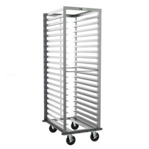 The Metro RD3NA33A120 End-Load Pan Rack, 23.5 x 31 x 69.75, features a wheeled metal frame with 3 slide spacing, swiveling casters for easy movement, and includes a gray continuous bumper and pan stop for enhanced security.