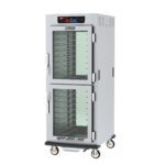 The Metro C599-SDC-UPDCA is a full-height, pass-thru heated holding and proofing cabinet with Dutch Clear Doors, universal wire slides, metal shelves, a digital display for temperature control, and four wheels. It operates efficiently on 120V power at 60Hz with 2000W.