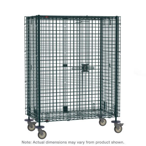 The Metro SEC53VK3 Super Erecta Mobile Security Shelving Unit is a green wire mesh storage cage on wheels with a Metroseal Green Epoxy finish. It includes a lockable door and four casters for mobility. Dimensions are 27.25 x 40.75 x 68.4375, but actual sizes may vary slightly.