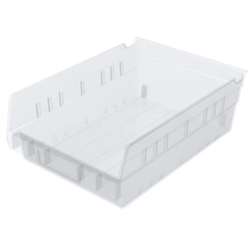 The Metro MB30150CLN Nesting Shelf Bin, in clear and measuring 11.6 x 8.37 x 4, is a rectangular storage solution with straight sides, a slightly raised back, grooved detailing, and an open top for easy access.