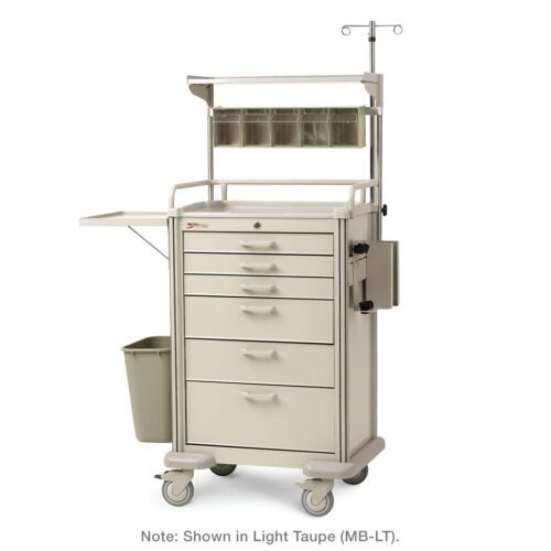 The Metro MBP3210ANES2 Basix Plus Anesthesia Cart in light taupe includes multiple drawers, a side shelf, trash bin, IV pole, clear storage bins on top with a small shelf, and wheels for easy mobility.