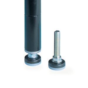 A black, cylindrical Metro HDFB Decorative Leveling Foot for Super Erecta Industrial Wire Shelving sits beside a detached screw. Both have metallic chrome-like accents, set against a plain white background.