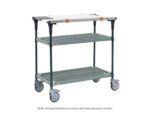 The Metro MS1830-PRPR-PK1 PrepMate MultiStation 30 Prep Station features green epoxy posts, Super Erecta Pro top and bottom shelves, a silver handle, four gray wheels, and textured surfaces for stability. Actual dimensions may vary from product shown.