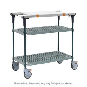 The Metro MS1830-PRPR-PK1 PrepMate MultiStation 30 Prep Station features green epoxy posts, Super Erecta Pro top and bottom shelves, a silver handle, four gray wheels, and textured surfaces for stability. Actual dimensions may vary from product shown.