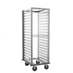 The Metro RF13NA33 roll-in refrigerator pan rack features a gray continuous bumper, 1.5 slide spacing, and measures 23.25 x 28 x 64.75. It has an open-sided design with four wheels for easy tray access and safe mobility.