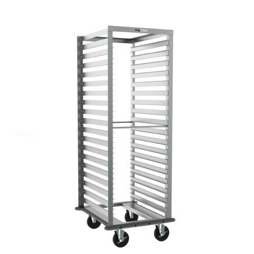 The Metro RF13NA33 roll-in refrigerator pan rack features a gray continuous bumper, 1.5 slide spacing, and measures 23.25 x 28 x 64.75. It has an open-sided design with four wheels for easy tray access and safe mobility.