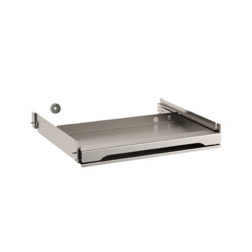 The Metro FL102 Flexline 3 Keyboard Tray boasts a metallic pull-out drawer with smooth sliding rails, a round textured knob, an open front, and a sleek silver finish for seamless integration into modern spaces.