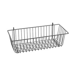 The Metro H210B Storage Basket, black and designed for Super Erecta Wire Shelving, measures 17.375 x 7.5 x 5. It includes two hooks and an open grid design, ideal for organizing items in home or office.