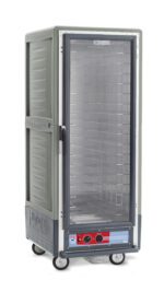 The Metro C539-HXFC-4-GYA C5 3 Series is a full-height, gray insulated holding cabinet with fixed wire slides and a clear door. Equipped with wheels for easy mobility, its powered at 220-240V and 1681-2000W, making it perfect for keeping food warm in catering or restaurant settings.