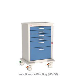 The Metro MBX4101TB Basix General Use Medical Cart, with a white frame and blue-gray label, offers versatile storage through its five blue drawers and a large compartment, making it ideal for efficient organization of medical supplies.