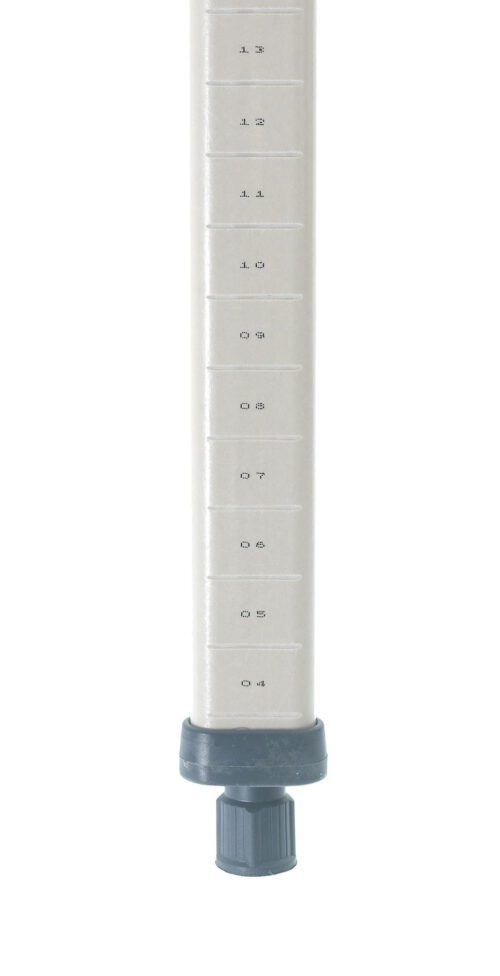 v01im6es3chu6fsllwdc1mvkz8rl3sp1.jpg A gray MetroMax MX13P Industrial Shelving Post features a polymer body with precise measurement markings and a black adjustable base. A dark knob at the bottom adjusts its 13 height, all set against a plain white background.