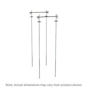 Three vertical metal rods with chrome crossbars and clamps are noted to have variable dimensions. Ideal for organizing, they resemble the Metro TTA18C Top-Track Stationary Intermediate Unit Kit for 18 Wide Super Erecta Wire Shelving, Chrome.