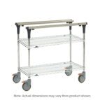 The Metro MS1824-BRBR PrepMate MultiStation 24 Prep Station is a versatile metal utility cart featuring Brite Zinc Wire top and bottom shelves with Chrome posts, rolling smoothly on four large caster wheels with adjustable handles. Note: Actual dimensions may vary from product shown.