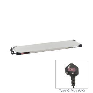 The Metro HSX1448-UK Super Erecta Hot Stainless Steel Heated Shelf is a 14 x 48 rectangular heating element with side control panel, operating at 220-240V and delivering 336-400W. It features a Type G plug (UK) for flat surfaces, ensuring efficient performance with its three-pronged design.