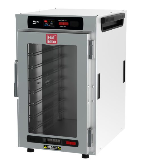 v2bx5lxom42zn5vfyln5mky5xnaxuq4k.jpg The Metro HBCN8-DC-CT HotBlox Narrow 8-Pan Cabinet has a clear door, digital touchscreen controller, operates on 120V with 875W, and includes a NEMA 5-15P plug. This commercial unit offers versatile usage with multiple interior shelves for stacking or countertop use.