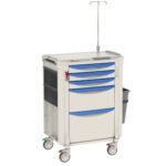 The Metro FLMAGNT Flexline Malignant Hyperthermia Cart has four blue-handled drawers, a side bin, an IV pole, efficient casters with brakes, and a compact white frame for managing malignant hyperthermia emergencies.