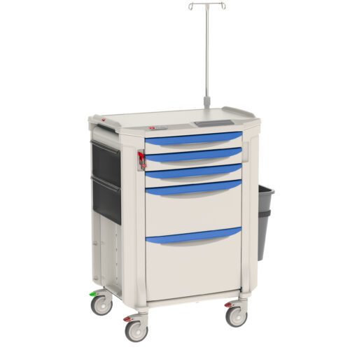The Metro FLMAGNT Flexline Malignant Hyperthermia Cart has four blue-handled drawers, a side bin, an IV pole, efficient casters with brakes, and a compact white frame for managing malignant hyperthermia emergencies.