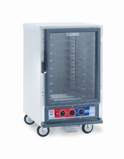The Metro C515-PXFC-UA C5 1 Series Proofing Cabinet features a sleek frame, a transparent door, universal wire slides for multiple shelves, front control dials for easy operation, and smooth mobility with wheels. Suitable for 50/60Hz environments at 220-240V and 1210-1440W.