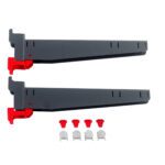 Two Metro SMA18A SmartLever Arms (Pair), 18, in black and red, are laid side by side with accessories: three keyhole slot covers and three red plastic caps, all on a white background.