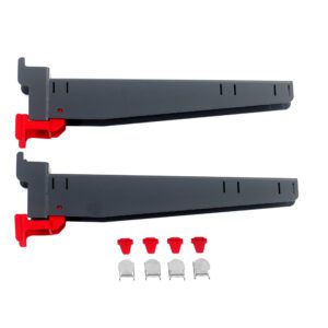Two Metro SMA18A SmartLever Arms (Pair), 18, in black and red, are laid side by side with accessories: three keyhole slot covers and three red plastic caps, all on a white background.