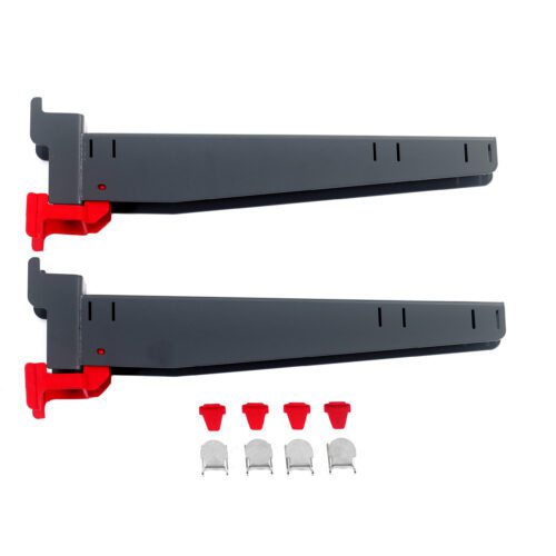 v3maab84qem09rmcsui2hjcyqmhsi32e.jpg Two Metro SMA18A SmartLever Arms (Pair), 18, in black and red, are laid side by side with accessories: three keyhole slot covers and three red plastic caps, all on a white background.