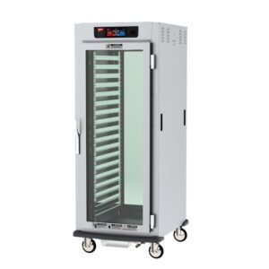 The silver Metro C599-SFC-LPFCA cabinet offers controlled humidity pass-thru heated holding and proofing with a clear door, lip load aluminum slides, multiple shelves, a digital control panel on top, and wheels for 60Hz mobility. It operates at 120V and 2000W.