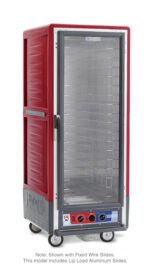 The Metro C539-MXFC-LA C5 3 Series Cabinet, with a red full-height design and clear door, includes metal shelves on lip load aluminum slides. It features built-in control dials at the base and wheels for easy mobility. Specifications: 220-240V, 50/60Hz, 1681-2000W.