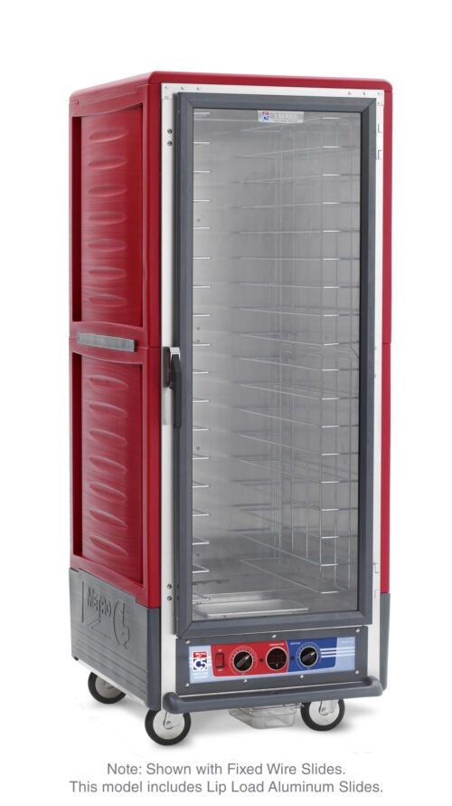 The Metro C539-MXFC-LA C5 3 Series Cabinet, with a red full-height design and clear door, includes metal shelves on lip load aluminum slides. It features built-in control dials at the base and wheels for easy mobility. Specifications: 220-240V, 50/60Hz, 1681-2000W.