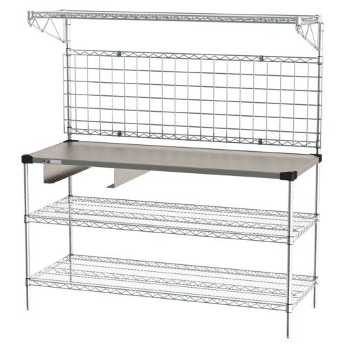 The Metro CR2460GDT Drive-Thru Workstation with Grid and Cash Drawer Bracket features a 24 x 60 metal wire shelving unit, tabletop surface, grid back panel, two lower shelves, silver-finished sturdy structure with a top shelf and cash drawer bracket for organized storage and workspace.