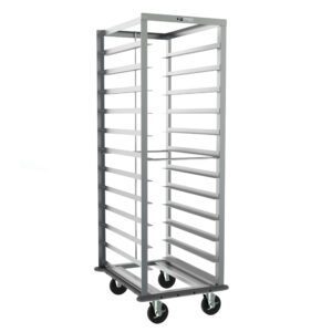 The Metro RD23NA33A120 End-Load Pan Rack, measuring 23.5 x 31 x 69.75, features a gray continuous bumper, pan stop, and multiple horizontal shelves with 5 slide spacing. Its tall metal frame on wheels ensures sturdy mobility with four black caster wheels for transporting or storing items.