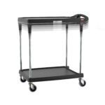 The Metro MY2030-24BL-PL myCart Plus Series 2-Shelf Height-Adjustable Utility Cart is black, 20 x 30, and two-tiered with a handle and four swivel wheels. Raised edges and metal supports on each shelf provide stability.
