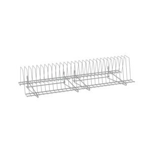 The image displays the Metro TDR36K4 SmartWall Tray Drying Rack. This 36 metal rack in Metroseal Gray Epoxy has multiple dividers for organizing DVDs or books, all against a plain white background, highlighting its lightweight and minimalist design.