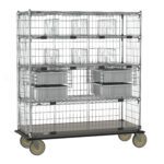 The Metro ECN56CC Transport and Exchange Cart includes a 24 x 60 galvanized steel bottom shelf, wire shelves, locking casters, bins, baskets, and large wheels for easy mobility.