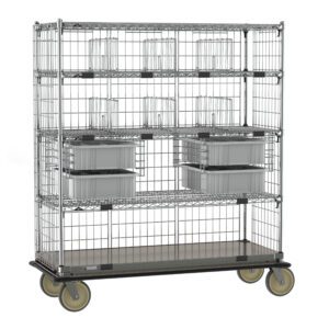 The Metro ECN56CC Transport and Exchange Cart includes a 24 x 60 galvanized steel bottom shelf, wire shelves, locking casters, bins, baskets, and large wheels for easy mobility.