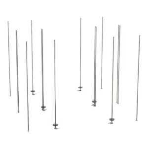 Stainless steel poles of different heights are scattered against a white background, each with a small circular base, resembling parts from the Metro LBTES qwikTRAK Double Deep Stationary End Unit Kit for Super Erecta Wire Shelving.