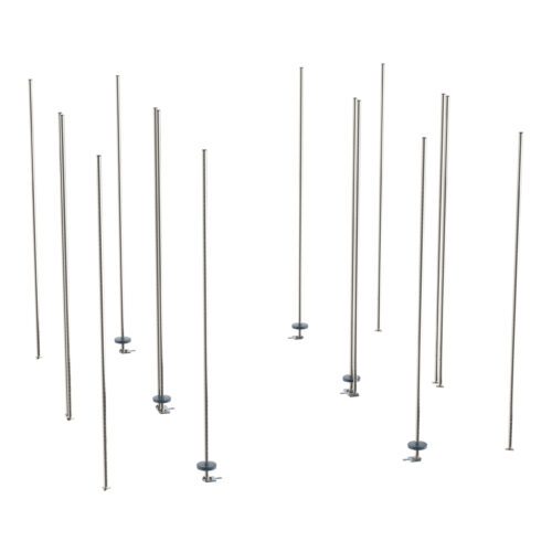 Stainless steel poles of different heights are scattered against a white background, each with a small circular base, resembling parts from the Metro LBTES qwikTRAK Double Deep Stationary End Unit Kit for Super Erecta Wire Shelving.