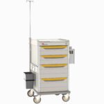 The Metro SXRSISO2 Starsys Isolation Cart has four yellow-handled drawers, an IV pole, a side black container, and is mounted on four caster wheels. Its compact design is ideal for dynamic use in healthcare settings.