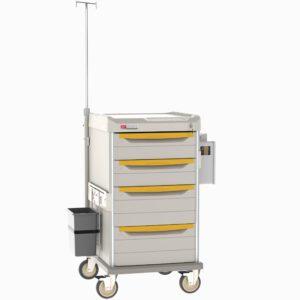 The Metro SXRSISO2 Starsys Isolation Cart has four yellow-handled drawers, an IV pole, a side black container, and is mounted on four caster wheels. Its compact design is ideal for dynamic use in healthcare settings.