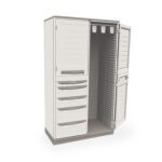 The Metro SXRD72SCATH2 Starsys Stationary Catheter Storage Cabinet in beige features a double-wide design, holding up to 180 catheters. It has one door open and one closed, offering optimal organization with ample shelves and drawers in a sleek layout.