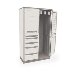 The Metro SXRD72SCATH2 Starsys Stationary Catheter Storage Cabinet in beige features a double-wide design, holding up to 180 catheters. It has one door open and one closed, offering optimal organization with ample shelves and drawers in a sleek layout.