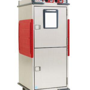 The Metro C5T9DX-ASBA C5 T-Series Heated Transport Cabinet is a full-height, stainless steel unit on wheels with Dutch solid doors featuring red handles and an upper window. It has a top control panel with knobs, operates at 220-240V, 50/60Hz, and includes adjustable bottom load slides.