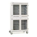 The Metro SXRD76MXD2 Starsys XD Extra Deep Mobile Supply Cabinet is a tall, double-wide unit on wheels with clear doors. It features key locking for security and includes multiple shelves with a durable metal structure for optimal organization.