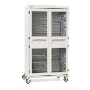 The Metro SXRD76MXD2 Starsys XD Extra Deep Mobile Supply Cabinet is a tall, double-wide unit on wheels with clear doors. It features key locking for security and includes multiple shelves with a durable metal structure for optimal organization.